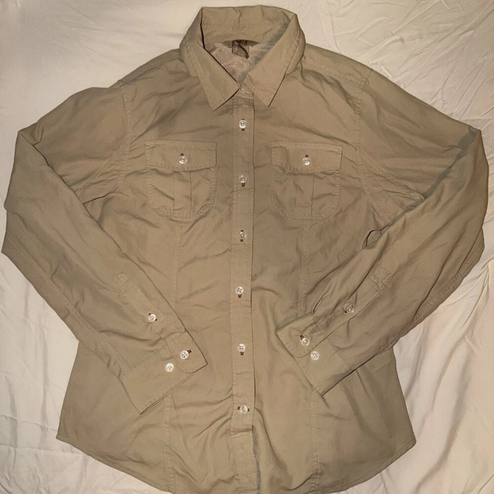 Duluth Trading Co Womens S Tan Nylon Fishing Hiking Vented Long Sleeve Shirt